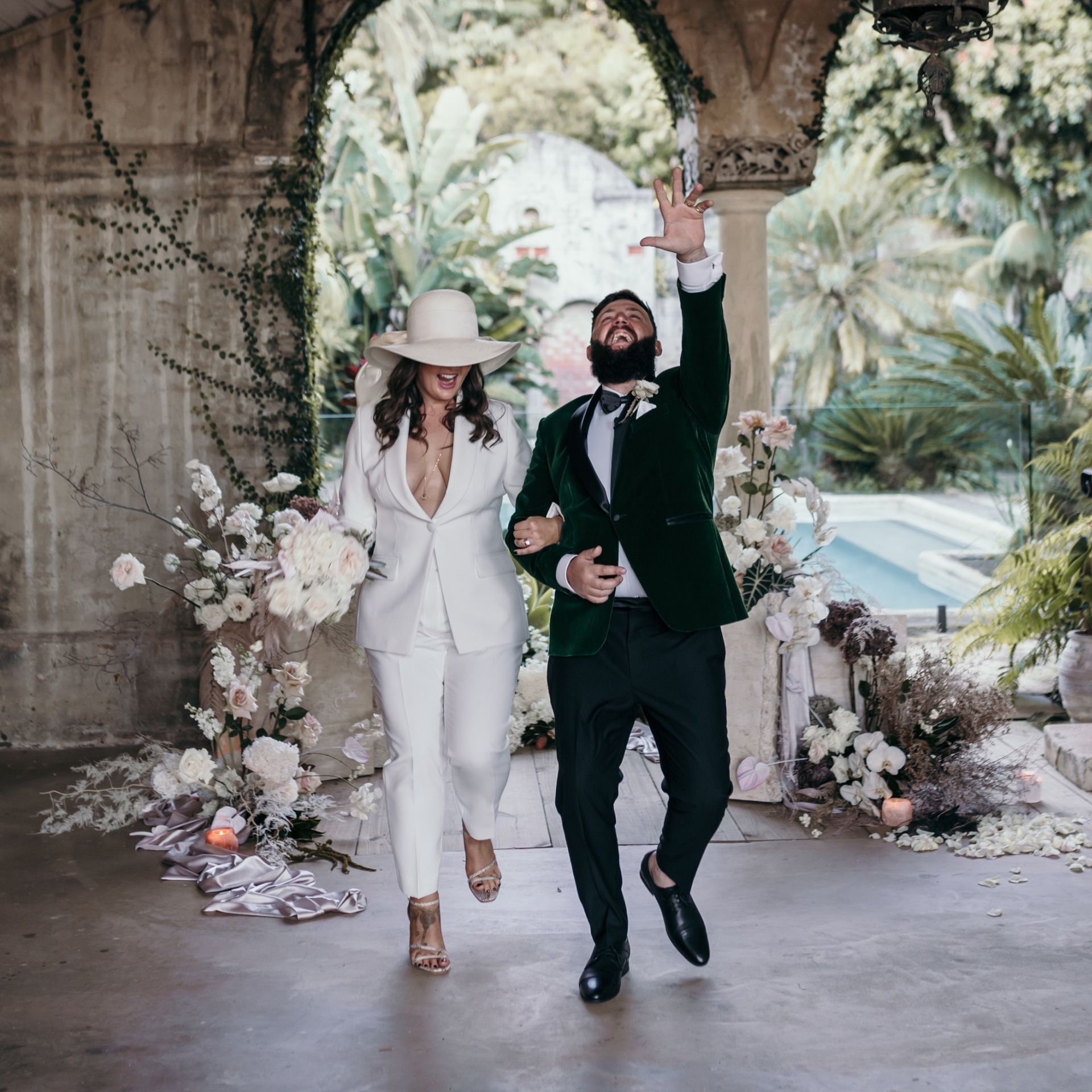 White_Suit_Black_Suit_Gold_Wedding_Heels