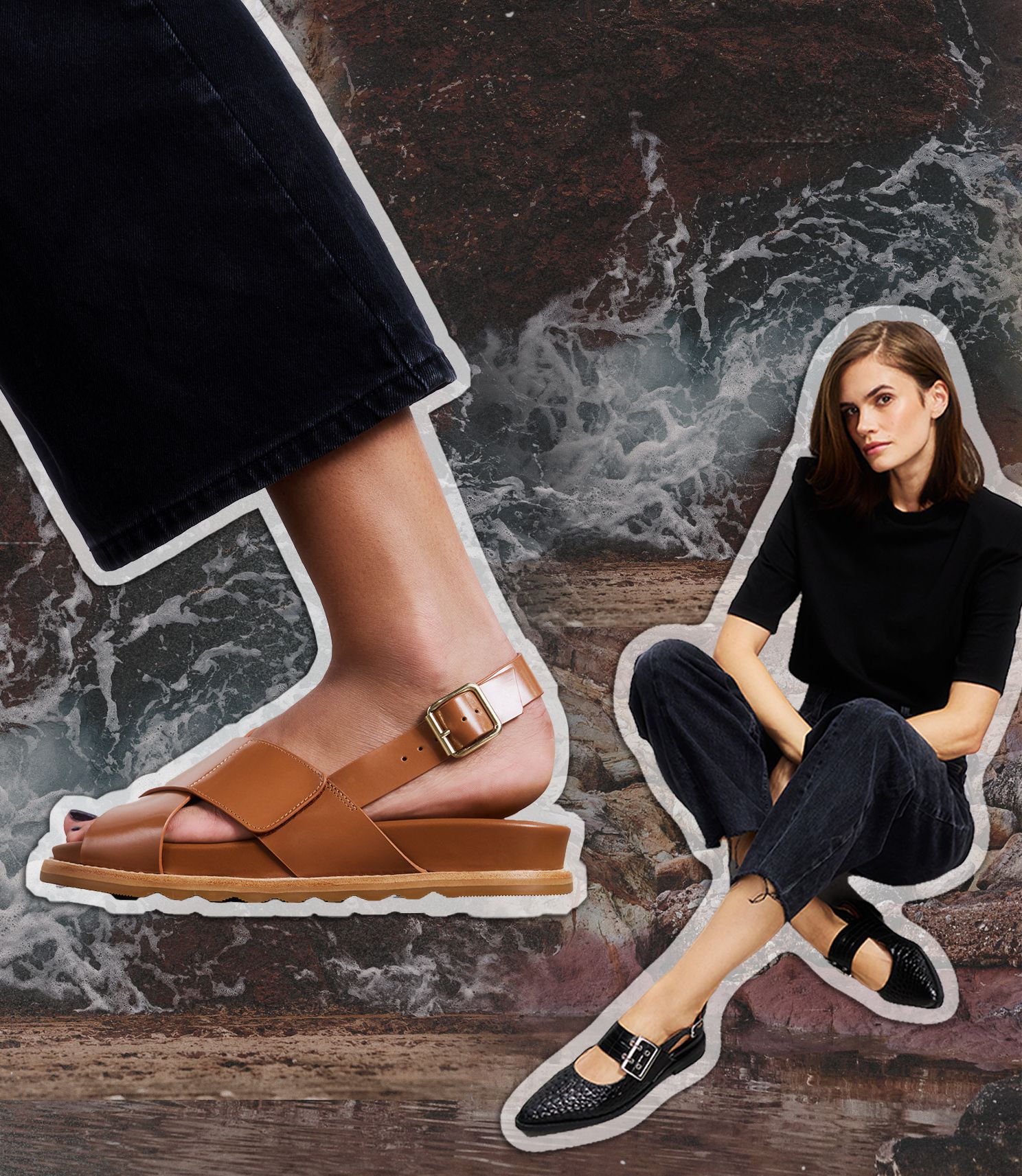 Sunbeam Black Croc Emboss Leather Flats, Lari Dark Tan Leather Chunky Sandals