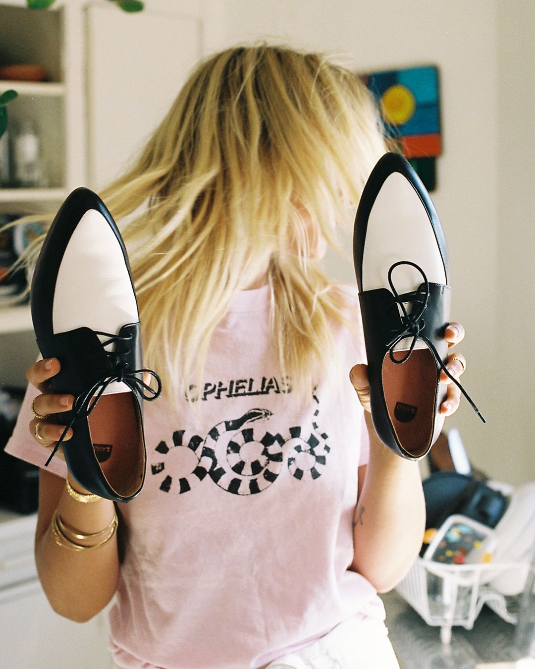 Bared_Footwear_Womens_Collaboration_Anna_Feller_Penguin_Black_White_Leather_Lace_Ups_Pink_Tshirt