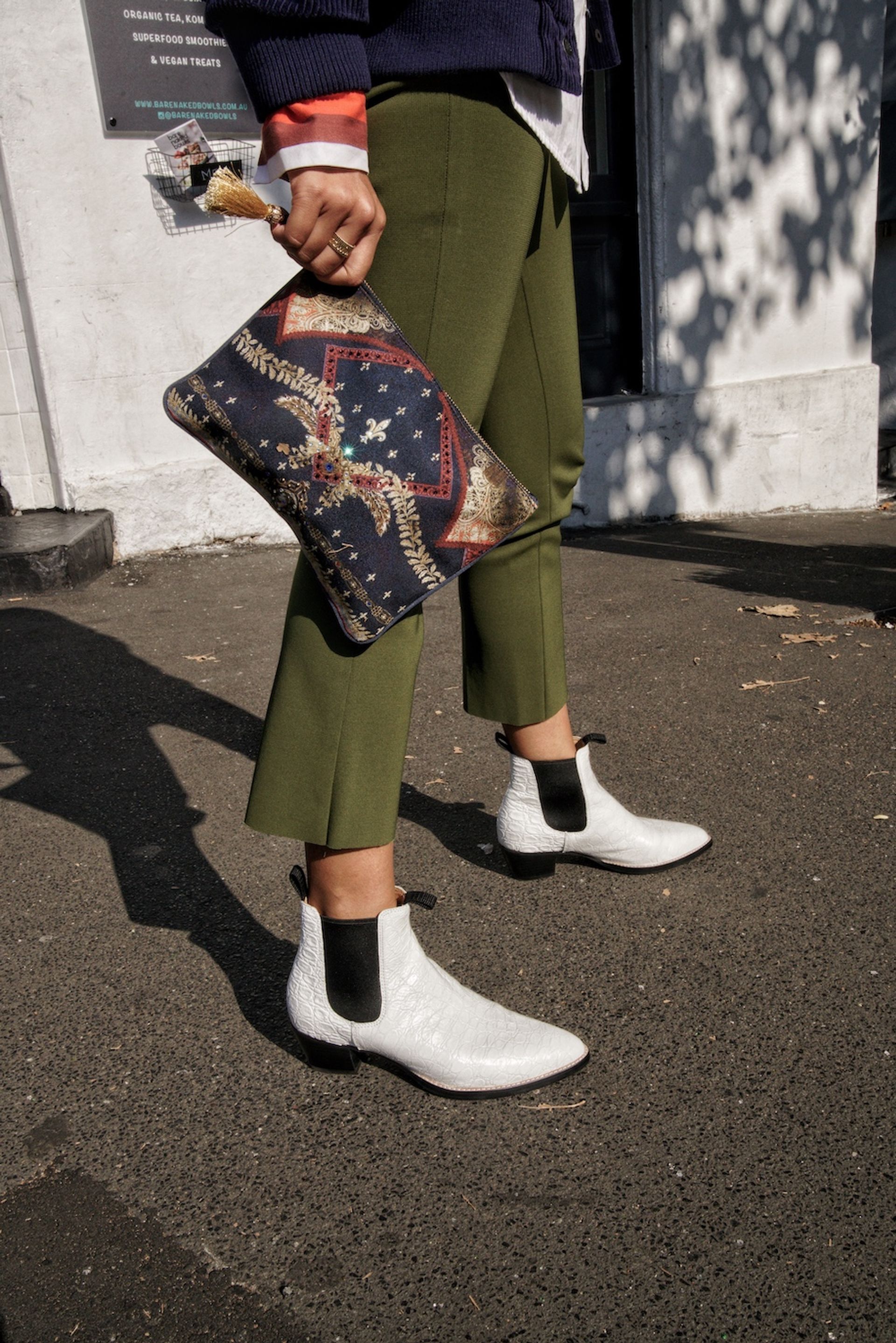 Bared_Footwear_Helen_Chik_White_Woodpecker_Leather_Ankle_Boots_Fashion_Week_Green_Pants