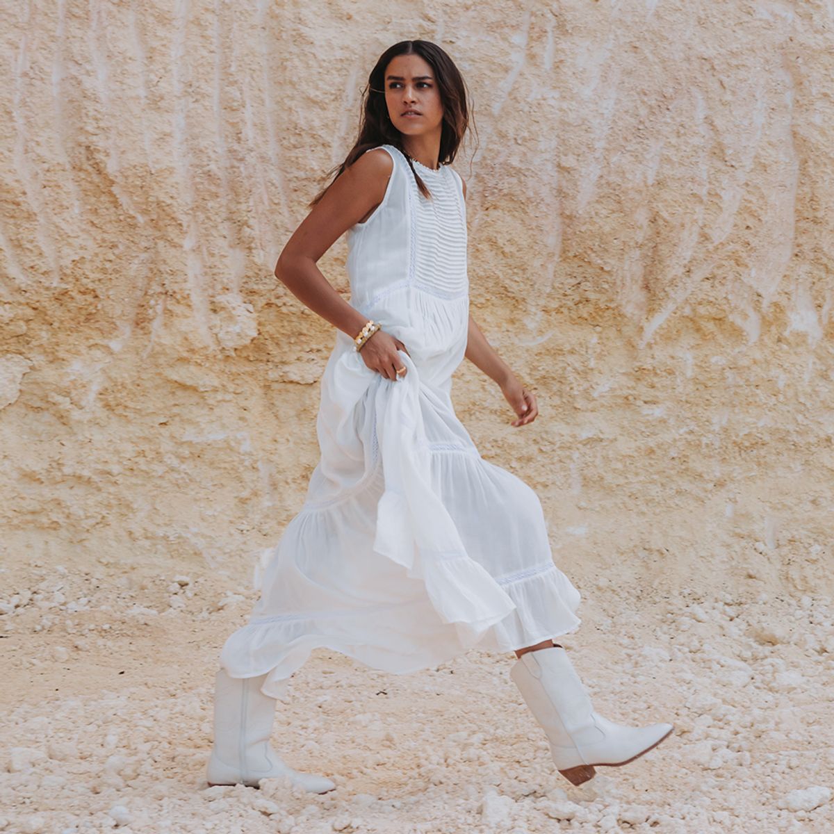 white dress festival look Santiago Cut-Out Ruffle Maxi Dress White
