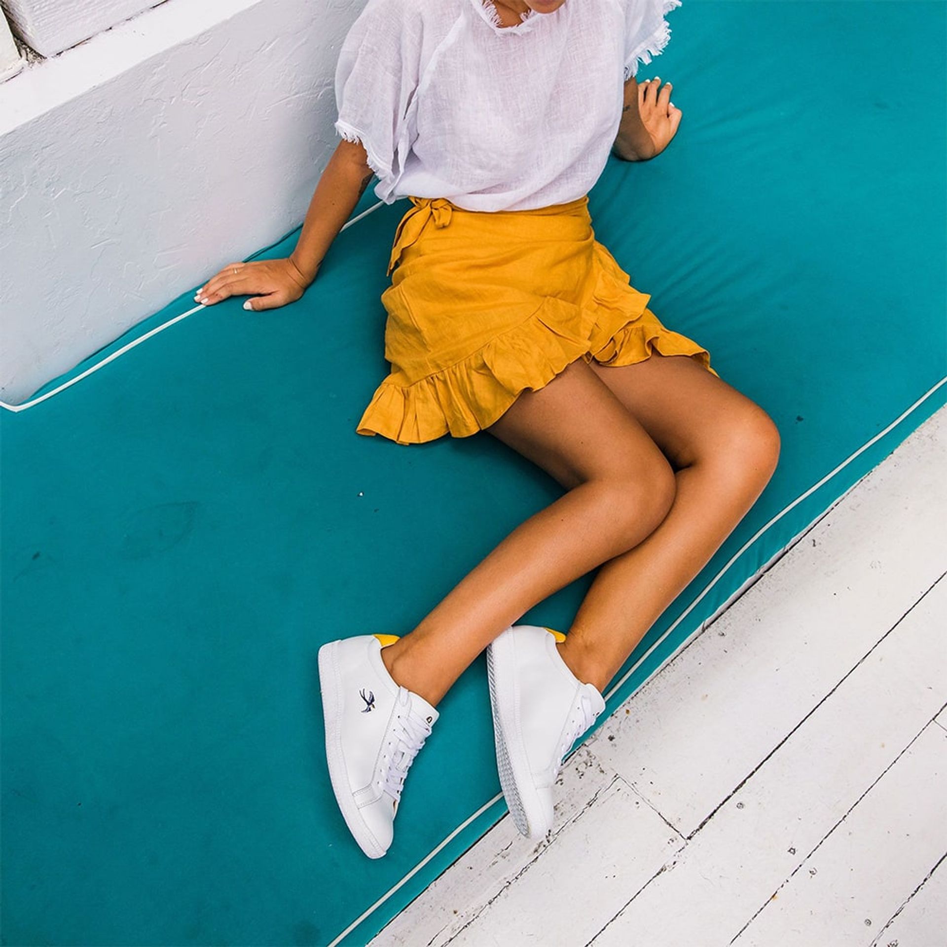 Bared_Footwear_Womens_Summer_Campaign_Bali_Motel_Mexicola_Sandpiper_White_Yellow_Leather_Sneakers_Yellow_Skirt