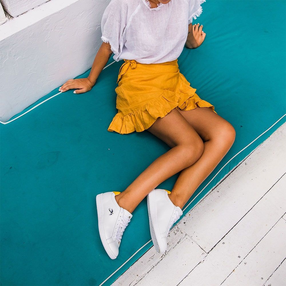 Bared_Footwear_Womens_Summer_Campaign_Bali_Motel_Mexicola_Sandpiper_White_Yellow_Leather_Sneakers_Yellow_Skirt