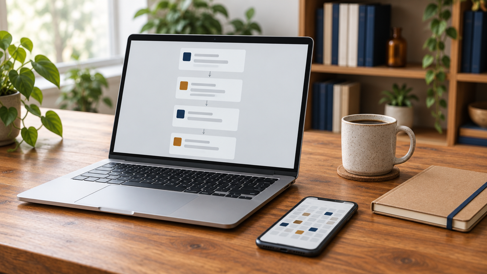 A wooden desk with an open laptop showing a column of grey placeholder email cards joined by arrows, a phone face up with a calendar-style grid of grey blocks, a speckled mug on a coaster, and a kraft notebook, with blurred plants and a bookshelf behind.