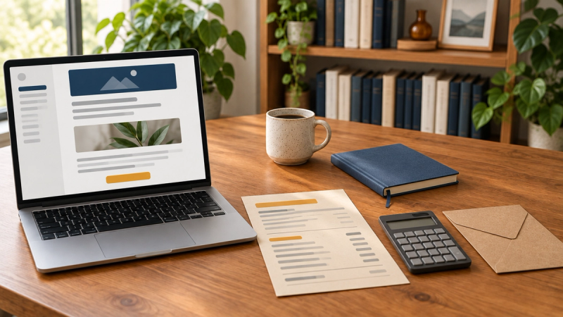 A laptop showing an email layout with grey placeholder bars sits on a wooden desk beside a paper budget sheet, a calculator and a kraft envelope, with blurred plants and a bookshelf behind.