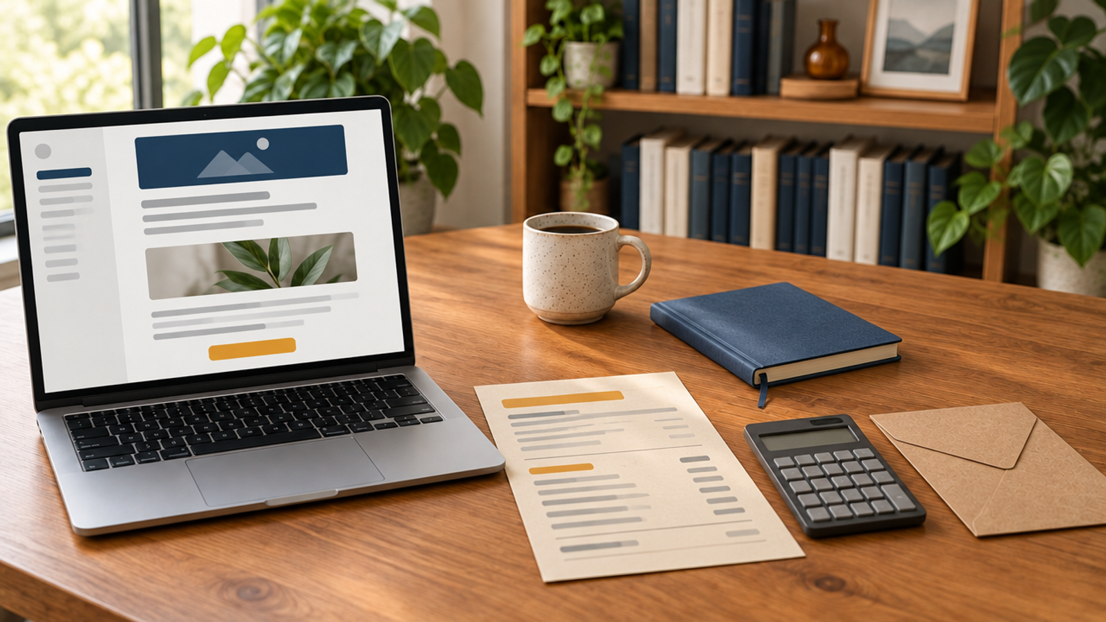 A laptop showing an email layout with grey placeholder bars sits on a wooden desk beside a paper budget sheet, a calculator and a kraft envelope, with blurred plants and a bookshelf behind.