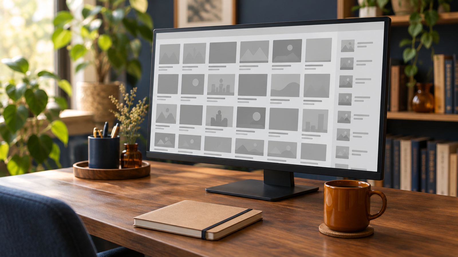 A wooden desk with a monitor showing a wide grid of grey placeholder tiles, with a kraft notebook, an amber mug, plants and a bookshelf behind.