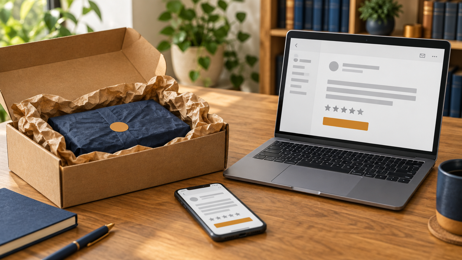 An opened kraft parcel with navy tissue sits on a wooden desk beside a laptop and phone showing a mock email with grey bars and a row of grey stars, with blurred plants and a bookshelf behind.