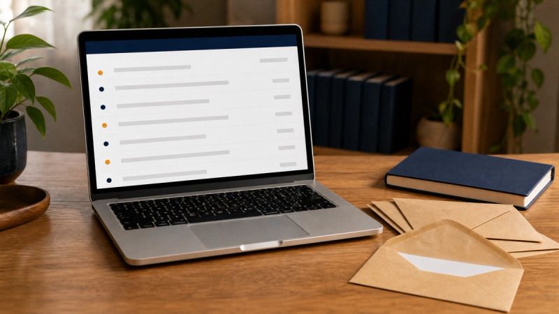 A laptop on a wooden desk showing an inbox list of grey placeholder rows with amber and navy status dots, beside a navy notebook and kraft envelopes, one with its flap open.