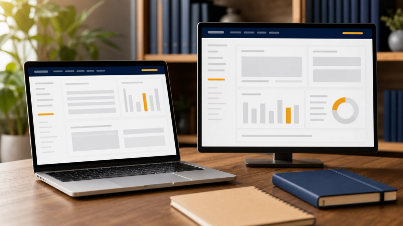 A wooden desk with a silver laptop and a second monitor side by side, each showing a different grey and navy dashboard layout with amber accents, and a kraft notepad and navy notebook in front, with blurred plants and a bookshelf behind.