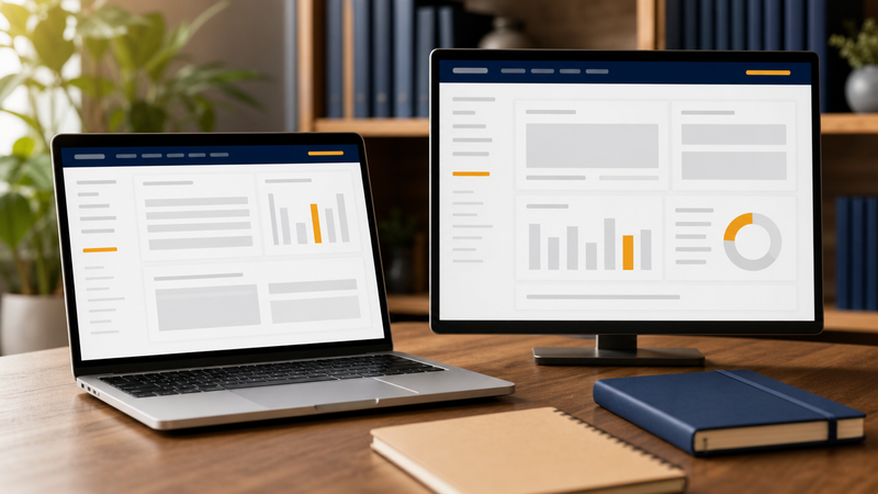A wooden desk with a silver laptop and a second monitor side by side, each showing a different grey and navy dashboard layout with amber accents, and a kraft notepad and navy notebook in front, with blurred plants and a bookshelf behind.