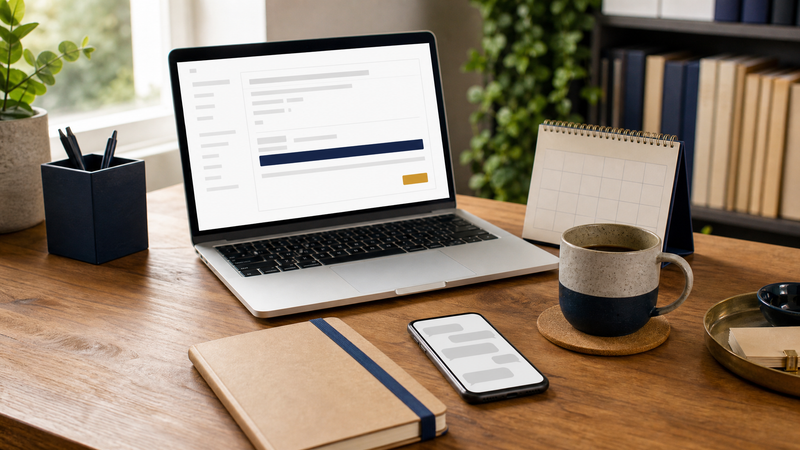 A wooden desk with an open laptop showing an email compose window of grey placeholder bars, a closed kraft notebook with a navy band, a phone face up with a blank message thread, a coffee mug, and a blank desk calendar.