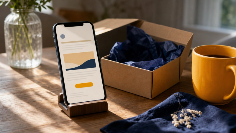 A phone on a stand showing a welcome email beside an opened gift box with tissue paper and a mug