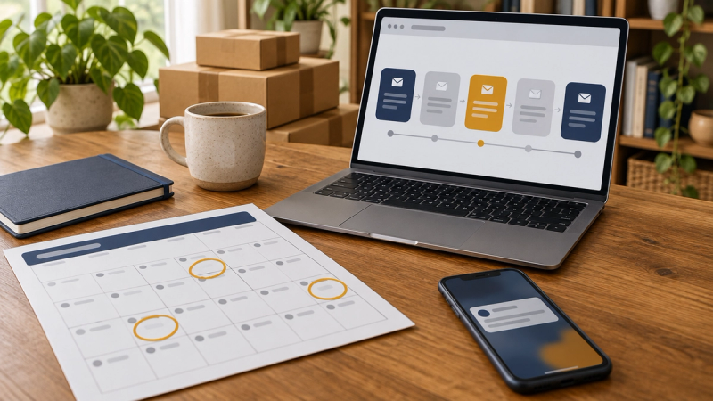 A calendar page on a wooden desk with three days circled in amber, beside a laptop showing an email campaign schedule, a phone with a text notification, a navy notebook, and stacked kraft boxes