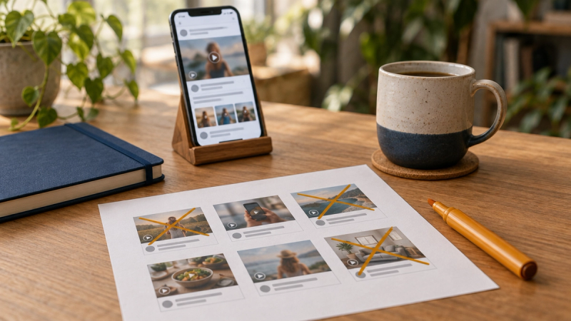 A phone on a wooden stand showing an abstract social feed, a printed sheet of six ad thumbnails with three crossed out in amber marker, a navy notebook and a mug
