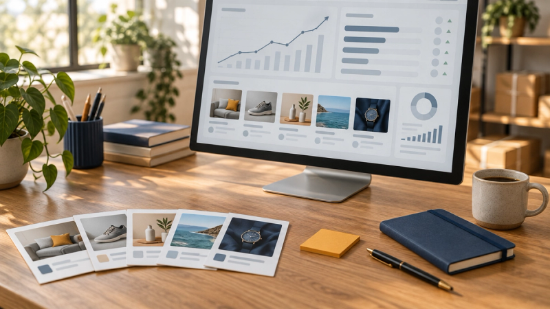 A monitor on a wooden desk showing an abstract ad performance dashboard with product thumbnails, printed ad cards fanned in front, a navy notebook and a mug