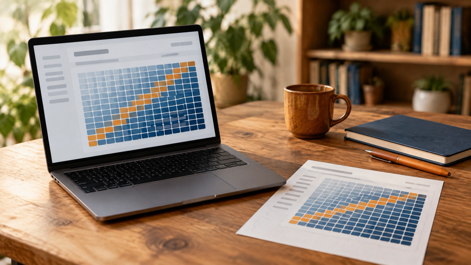 A laptop on a wooden desk showing a cohort grid with a diagonal band of amber cells, beside a printed copy of the same grid, a navy notebook, a mug, and a pen