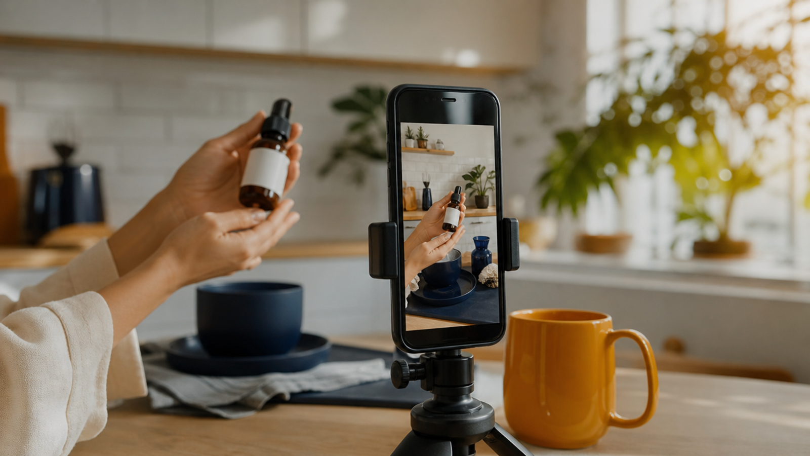 A smartphone on a tripod filming a UGC ad: hands holding a skincare bottle in a bright kitchen