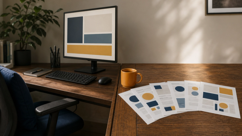A desk with one office chair and monitor on the left and a fan of printed team one-pagers on the right