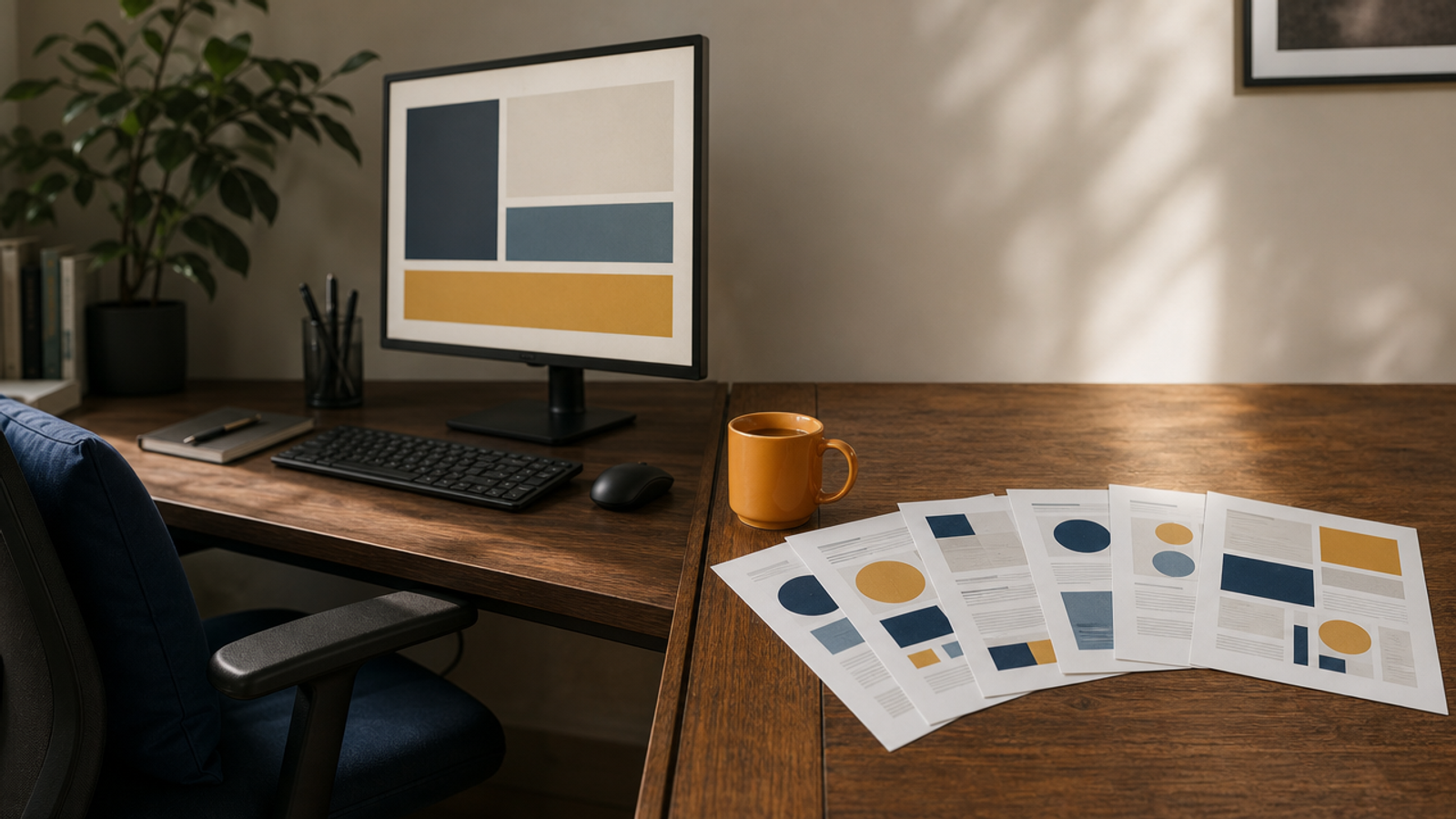 A desk with one office chair and monitor on the left and a fan of printed team one-pagers on the right