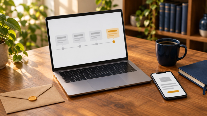 A wooden desk with a laptop showing a simple timeline of placeholder cards, a phone with a blank email card, a kraft envelope with an amber seal, and a navy coffee mug.
