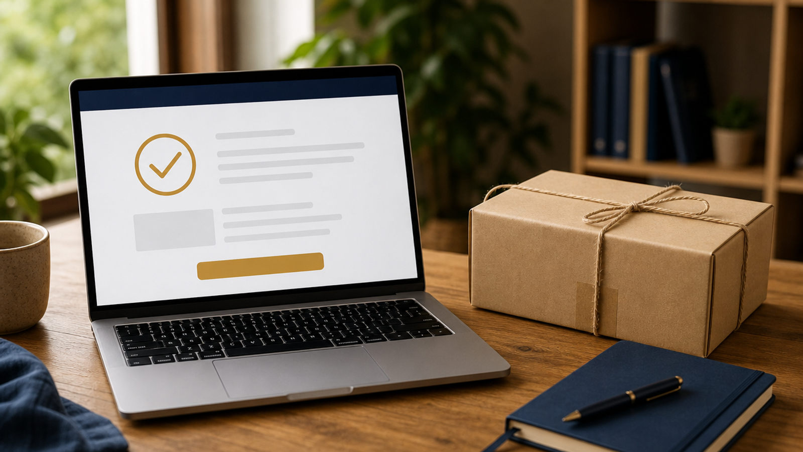 A wooden desk with an open laptop showing an abstract email layout with an amber checkmark circle, grey placeholder bars and an amber button, beside a kraft shipping box tied with twine and a navy notebook with a pen, in front of blurred plants and a bookshelf.