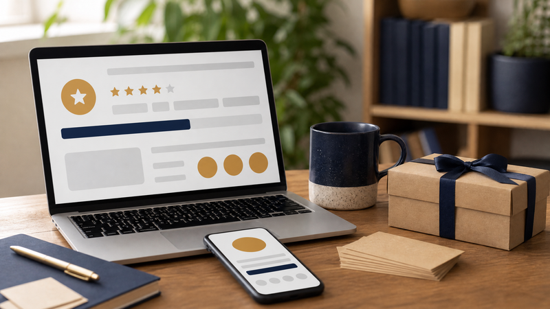 A wooden desk with a laptop and phone showing abstract rewards dashboards of grey bars, amber circles and stars, beside a kraft gift box with a navy ribbon, a stack of kraft cards and a navy mug, with blurred plants and a bookshelf behind.