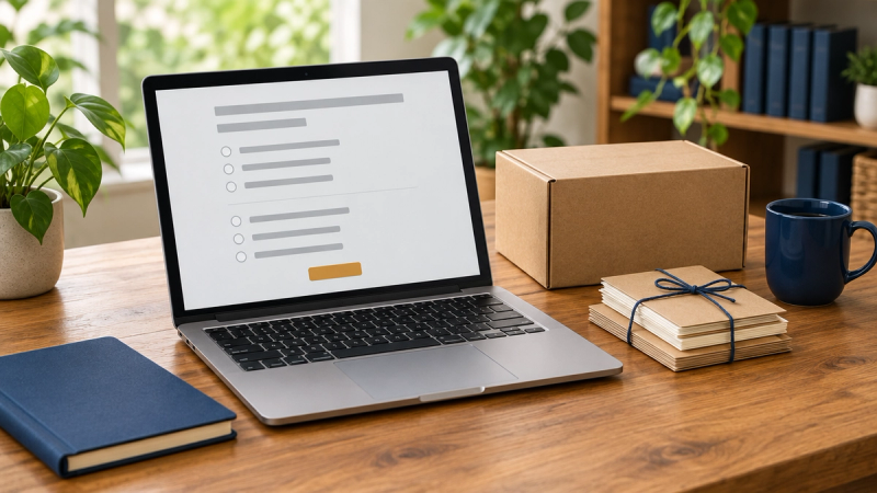 A laptop on a wooden desk shows a simple survey form of grey bars and empty radio buttons, beside a kraft shipping box, a stack of thank-you cards tied with navy twine, a navy mug and a navy notebook.