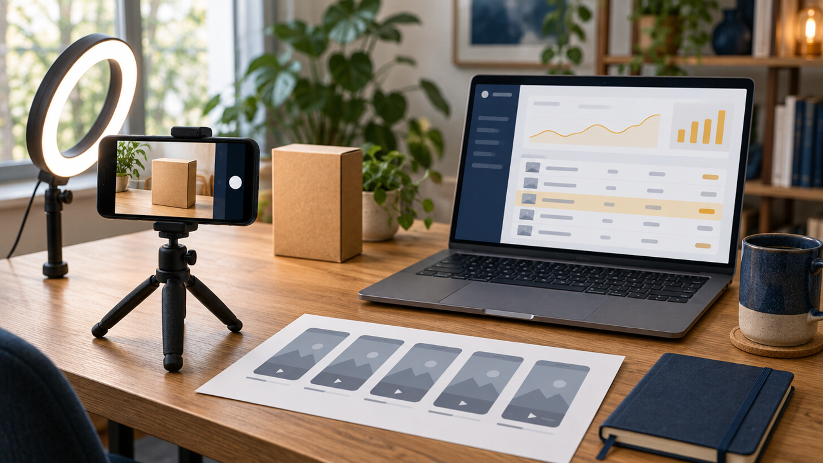 A phone on a tripod filming a kraft-boxed product on a wooden desk, beside a laptop showing an ads results table with one row highlighted in amber, a sheet of vertical video thumbnails, a navy notebook, and a mug