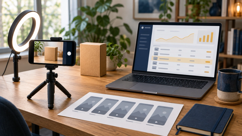 A phone on a tripod filming a kraft-boxed product on a wooden desk, beside a laptop showing an ads results table with one row highlighted in amber, a sheet of vertical video thumbnails, a navy notebook, and a mug