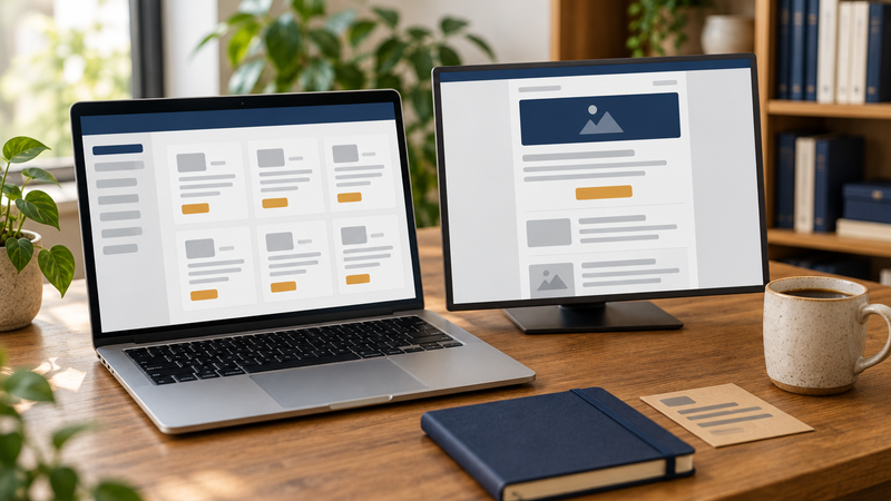 A laptop and a second monitor sit side by side on a wooden desk, each showing a different email dashboard layout made of grey placeholder bars, with a navy notebook, a coffee mug and blurred plants and bookshelf behind.
