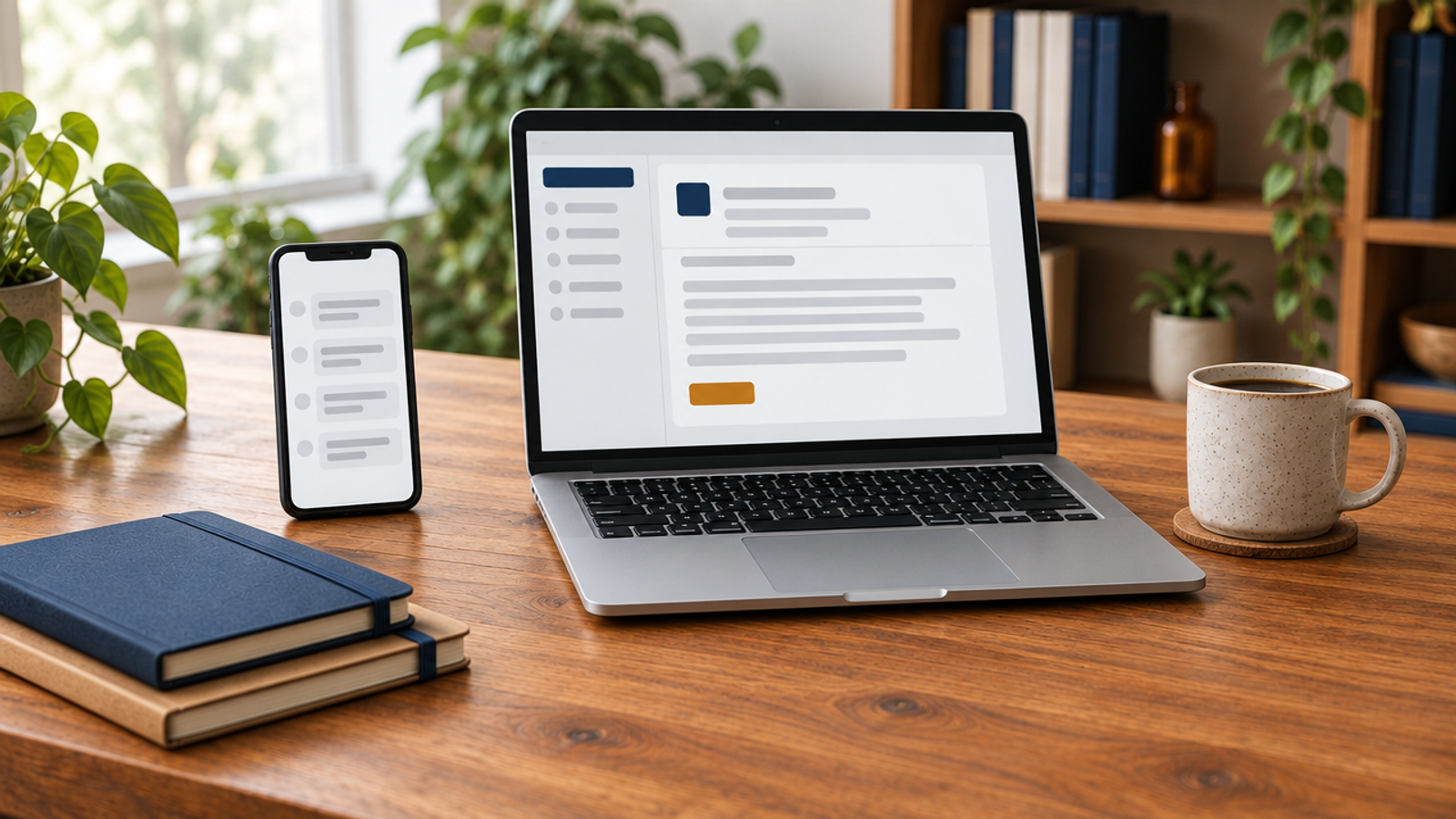 A smartphone showing grey message bubbles stands beside a laptop showing an email layout on a wooden desk, with navy and kraft notebooks, a coffee mug, plants and a bookshelf softly blurred behind.