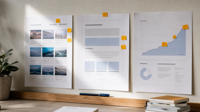 Three printed boards on a wall showing ad thumbnails, an email layout, and a growth chart with amber tabs