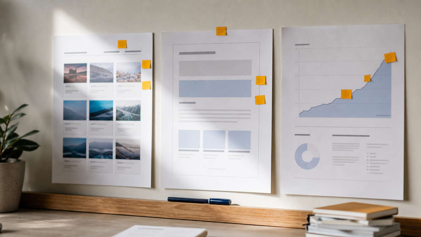 Three printed boards on a wall showing ad thumbnails, an email layout, and a growth chart with amber tabs