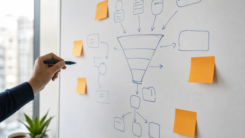 A hand with a marker at a whiteboard showing an abstract funnel diagram with amber sticky notes