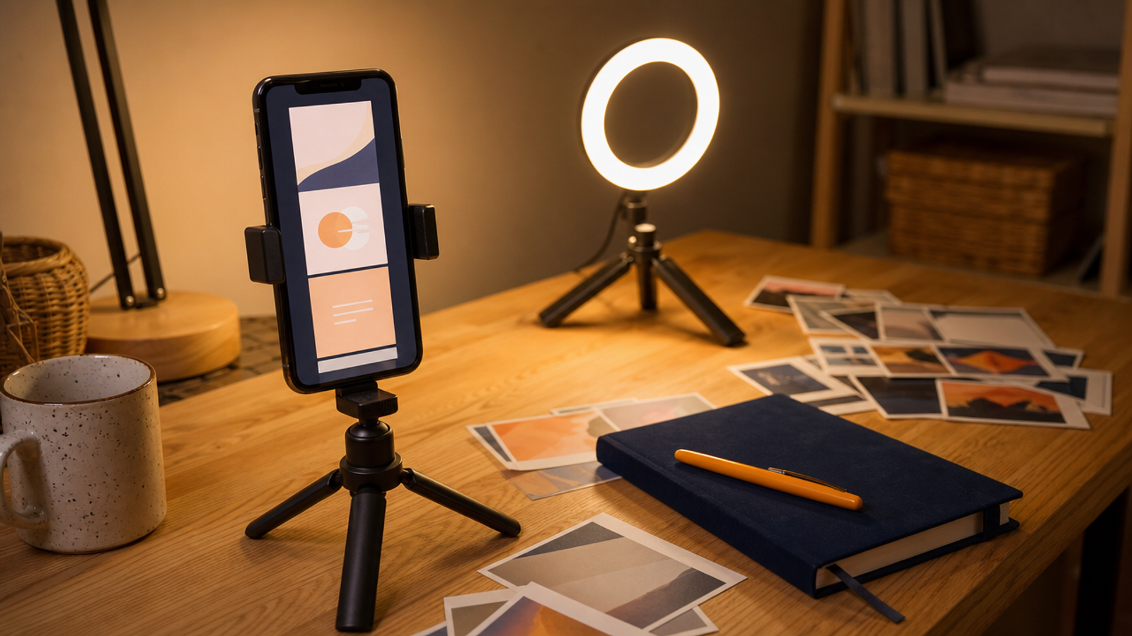 A phone on a tripod showing an abstract vertical ad beside a glowing ring light and thumbnail cards
