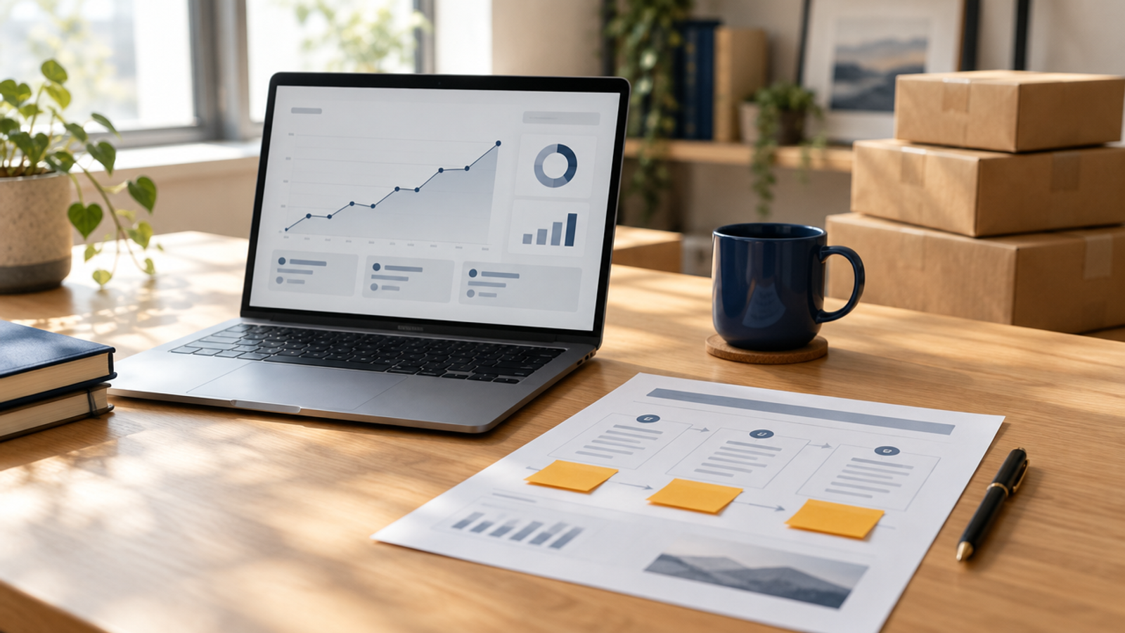 A laptop on a wooden desk showing an abstract growth dashboard, a printed one-page plan with amber sticky notes, a navy mug, and kraft boxes behind