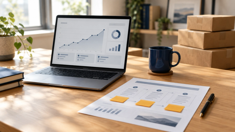 A laptop on a wooden desk showing an abstract growth dashboard, a printed one-page plan with amber sticky notes, a navy mug, and kraft boxes behind