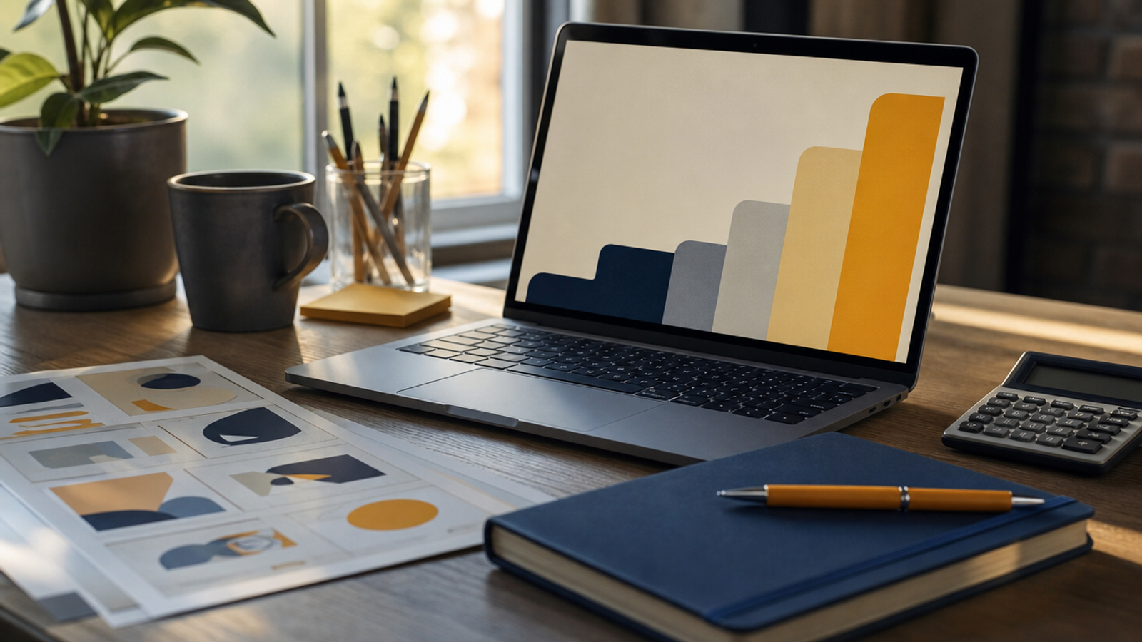 A laptop showing a rising stepped chart beside printed creative thumbnails, a calculator, and a notebook