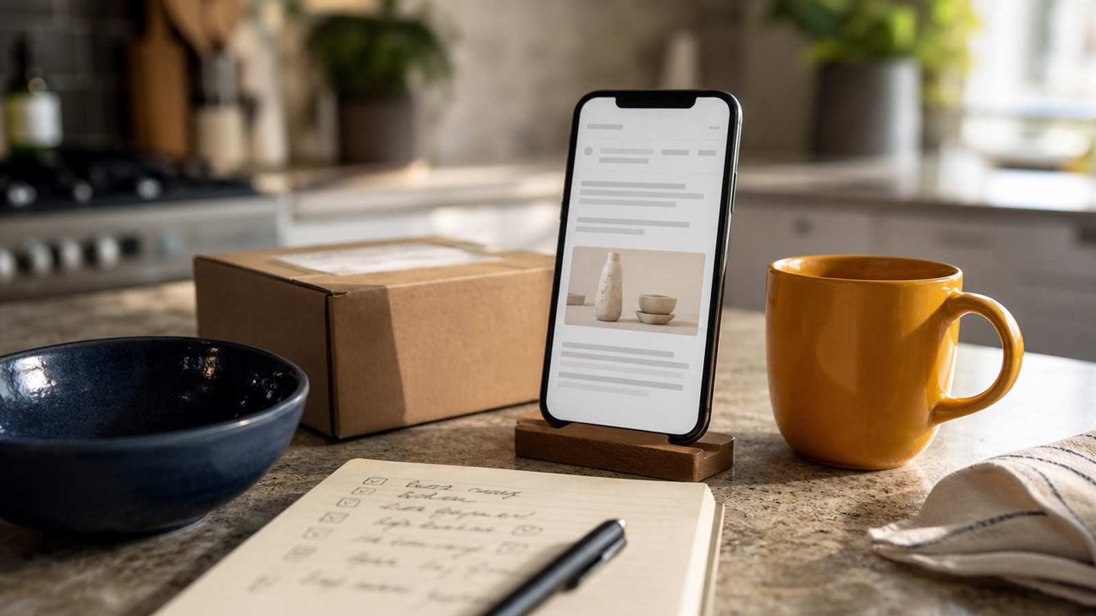 A phone on a stand showing an email beside a parcel box and a handwritten checklist on a kitchen counter
