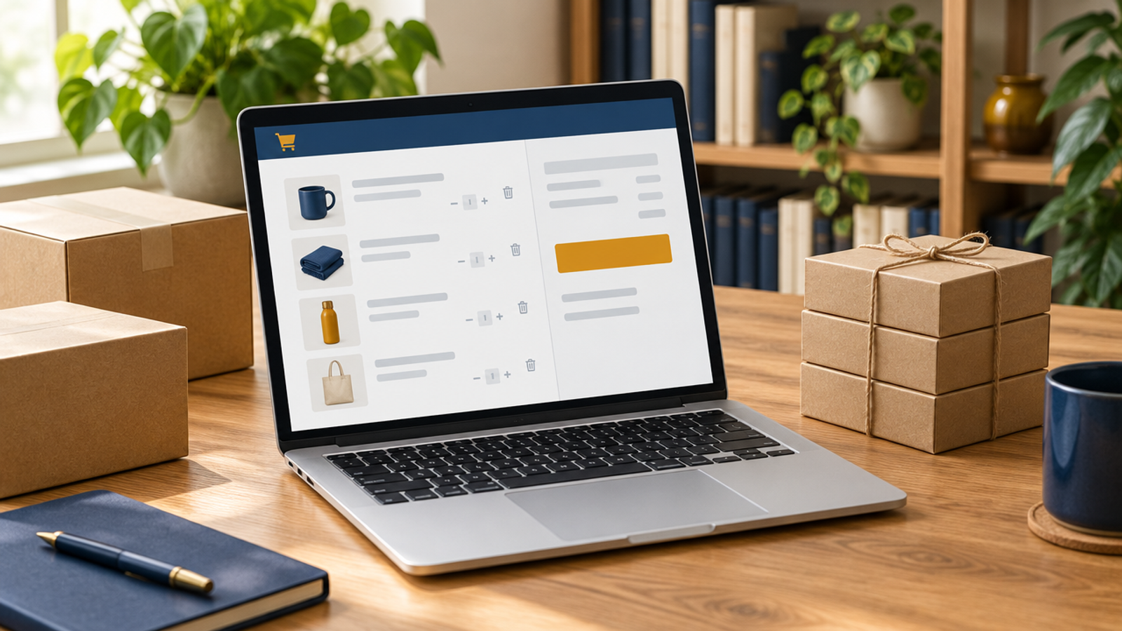 A laptop on a wooden desk showing an abstract online store checkout with a cart of product cards and grey placeholder bars, beside kraft shipping boxes and a small twine-tied stack of product boxes