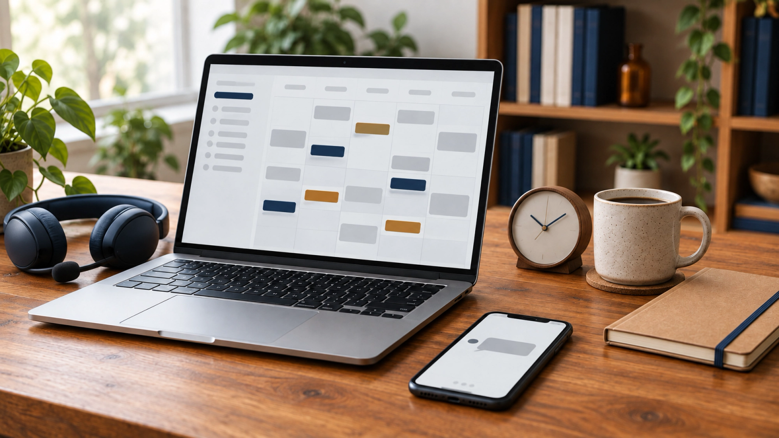 A laptop on a wooden desk shows a calendar with colored booking blocks, beside a phone with a message bubble, a clock, a coffee mug and a notebook, with plants and a bookshelf behind.