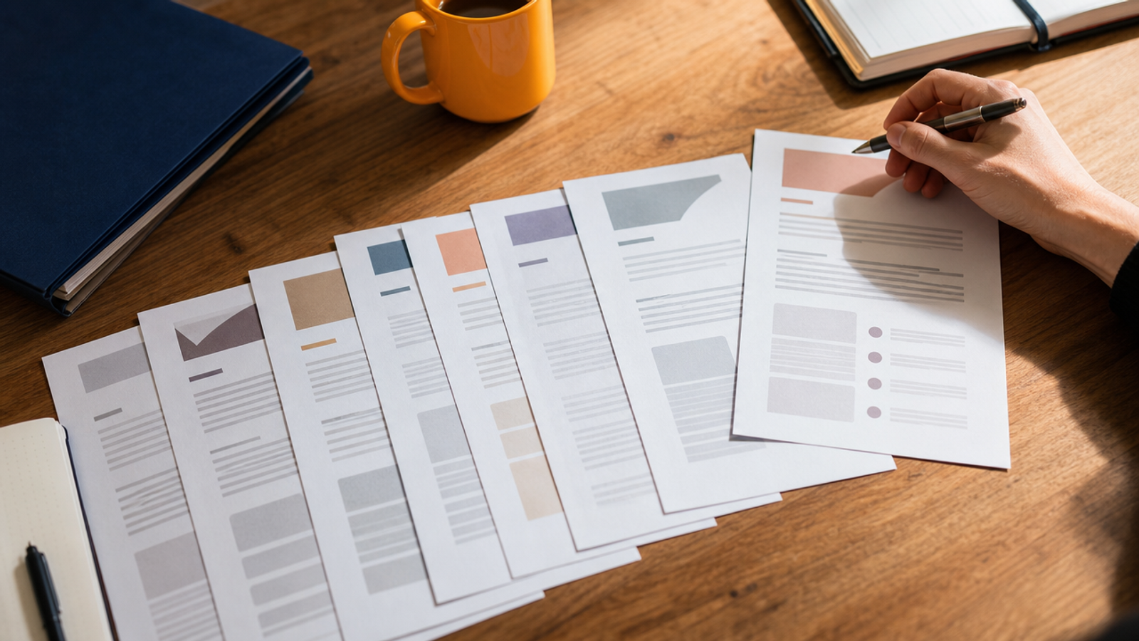 A row of printed agency one-pagers fanned out on a desk with one sheet set apart and a hand holding a pen