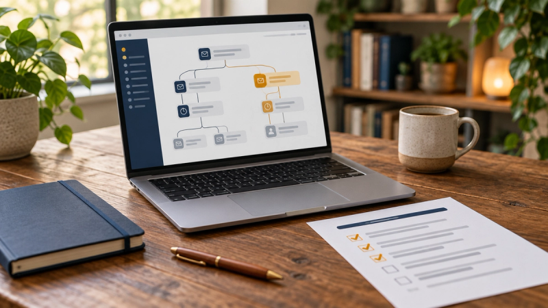 A laptop on a wooden desk showing an email flow builder with one branch highlighted in amber, beside a printed checklist, a navy notebook, a mug, and a pen