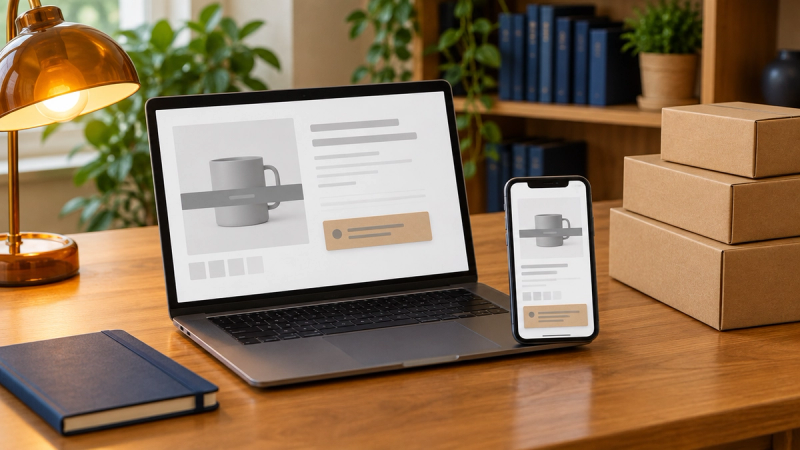 A laptop and phone on a tidy wooden desk showing a grey product page mock with a sold out bar and a kraft notification card, beside a stack of kraft shipping boxes and an amber desk lamp.
