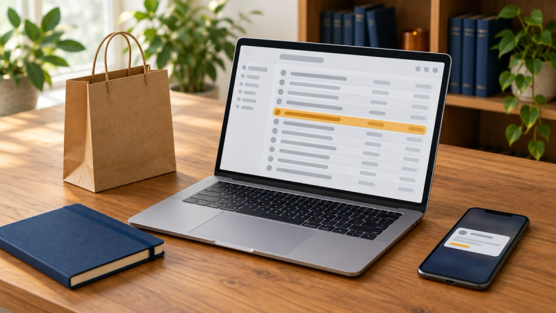 A laptop showing an email inbox of grey placeholder bars with one amber row, beside a phone with a notification card, a kraft shopping bag and a navy notebook on a wooden desk.