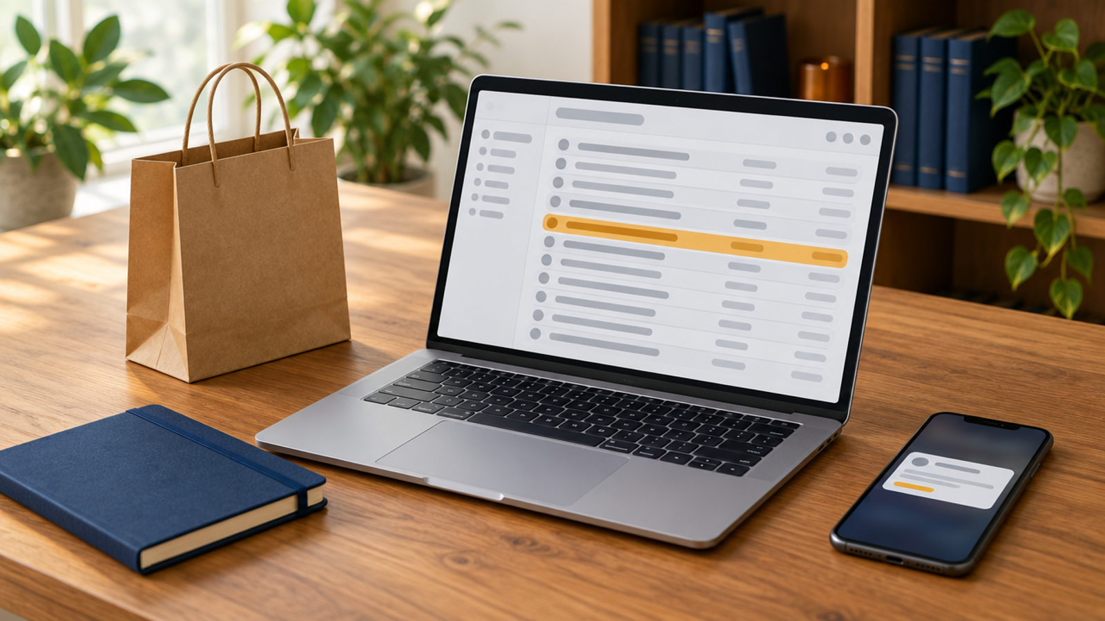 A laptop showing an email inbox of grey placeholder bars with one amber row, beside a phone with a notification card, a kraft shopping bag and a navy notebook on a wooden desk.