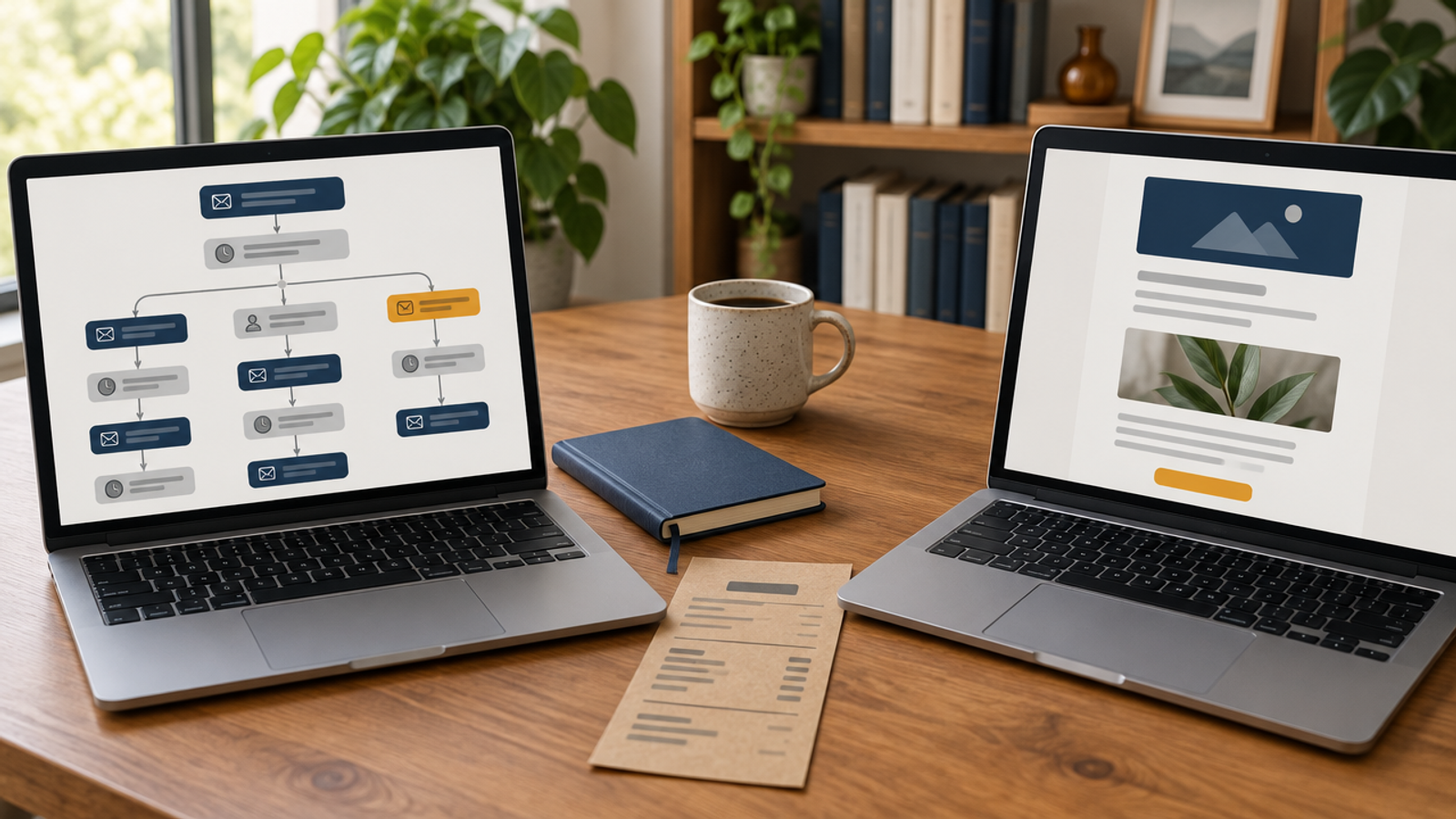 Two laptops on a wooden desk, one showing a branching email automation flow with an amber branch and the other a single broadcast email layout, beside a kraft paper receipt, a navy notebook, and a mug