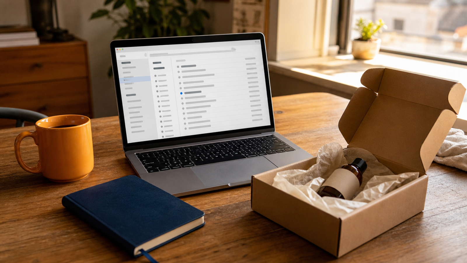 A laptop showing an email inbox next to a freshly opened shipping box with a product bottle