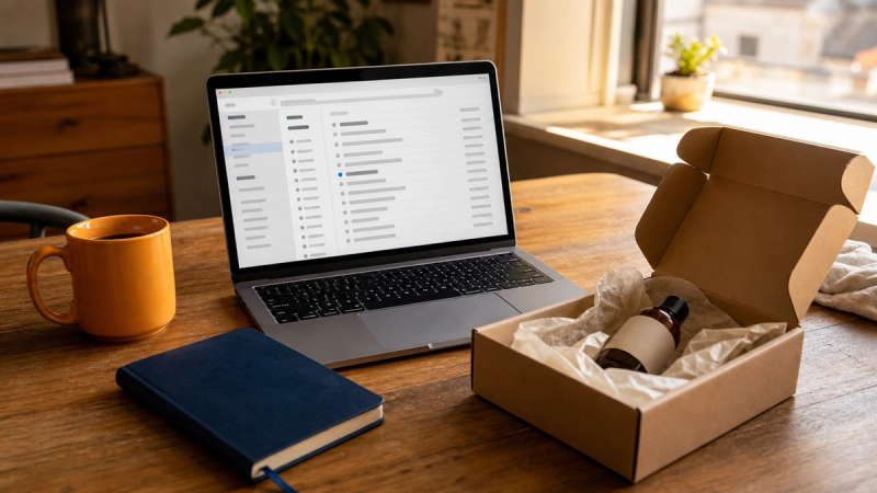 A laptop showing an email inbox next to a freshly opened shipping box with a product bottle